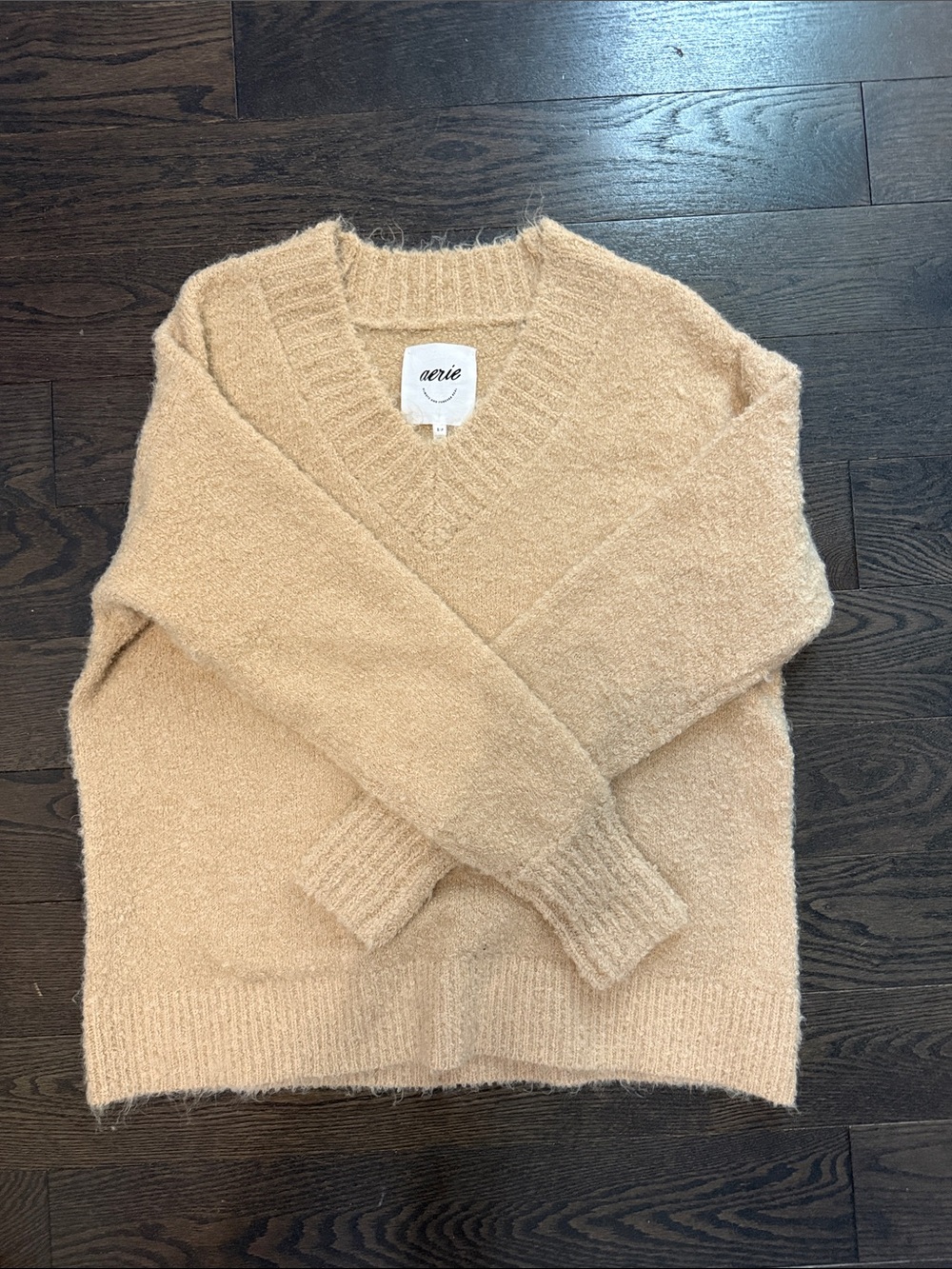 aerie Cozy V-Neck Fuzzy Sweater in Light Beige